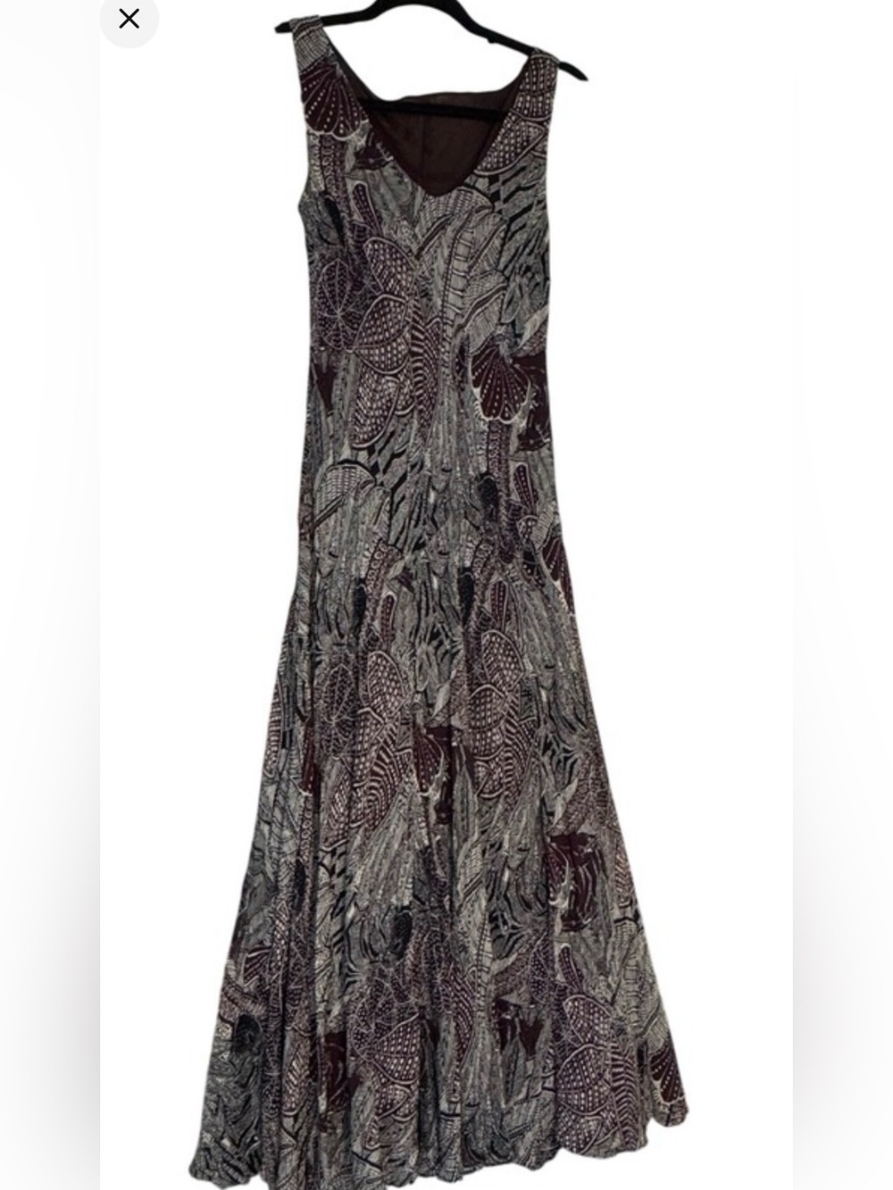 Vintage Y2K Abstract Floral Silk Maxi Dress Plum Black Boho Whimsy Forest Fairy